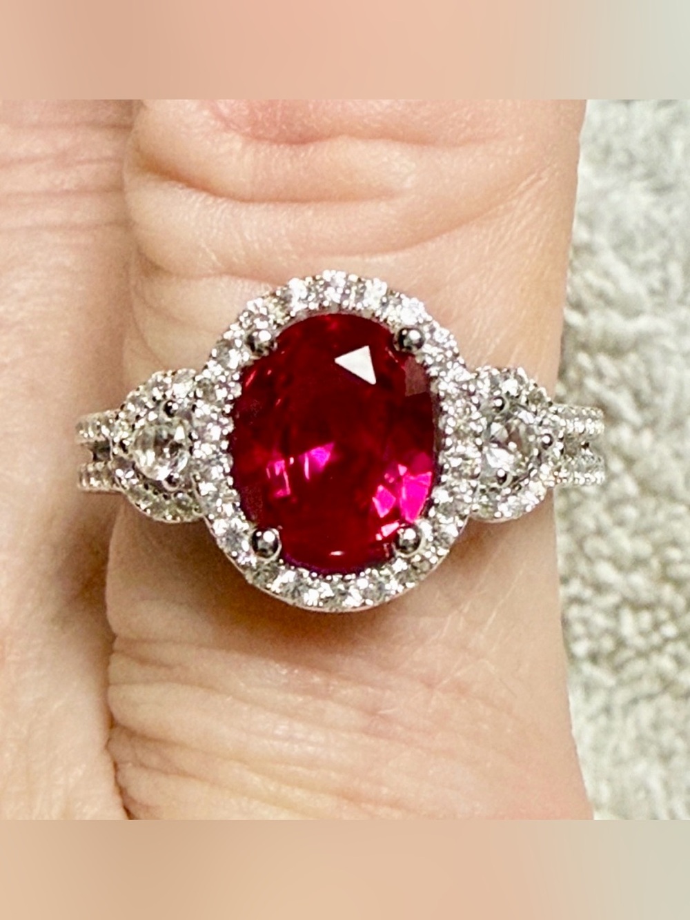 3 CT Elegant RUBY Red Gemstone Ring Halo of Moissanite diamonds .50CT 925 SS
